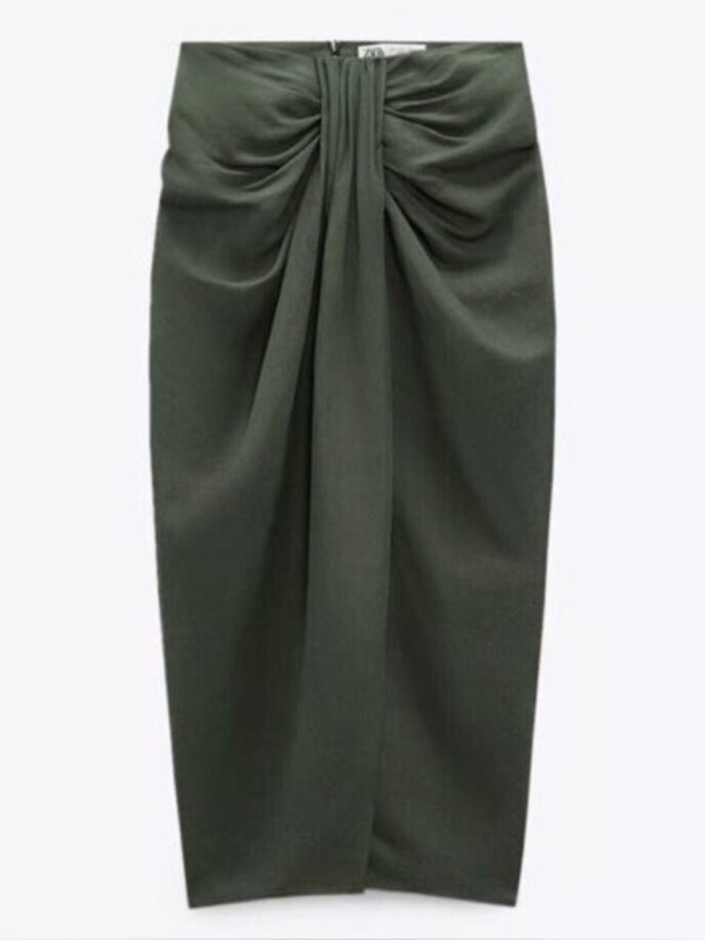 Zara Khaki Green Linen Blend Midi Skirt Front Slit Knot